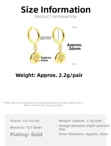 Tableau détaillé des tailles pour boucles d'oreilles étoile en argent 925 doré