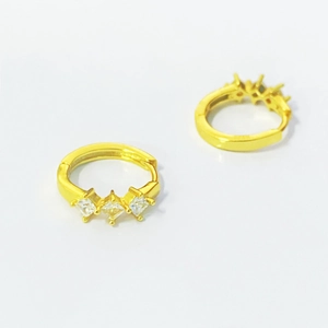S925 sterling silver gold hoop earrings with three sparkling zircons in a rhombic design