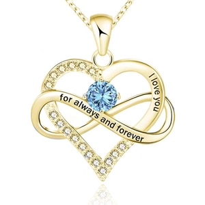 Detailed shot of golden heart infinity necklace with blue stone and 'I love you' engraving