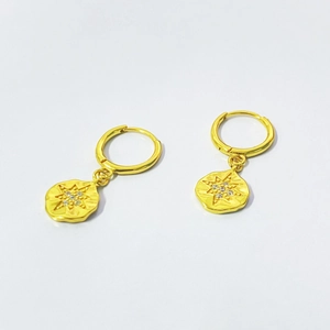 Boucles d'Oreilles Pendantes Pièce Étoile à Huit Branches en Argent Sterling 925 Vintage Or Plaqué Strass Étoile Créoles pour Femme