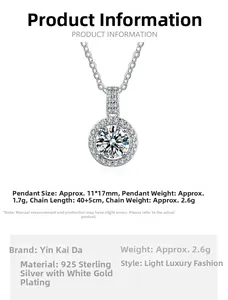 Detail view of S925 sterling silver necklace showing 11x17mm round zircon pendant specs