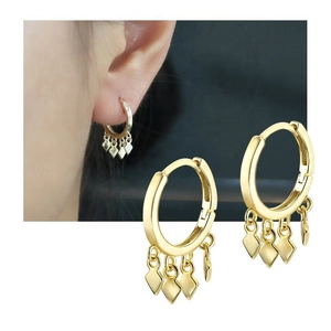 Boucles d'oreilles créoles en argent S925 doré avec triple pendentifs losanges femme