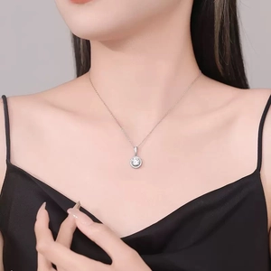 Collana classica in argento S925 con pendente tondo in zircone brillante da donna, stile halo