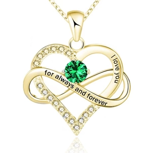 Golden heart infinity pendant necklace with green stone and 'I love you' engraving