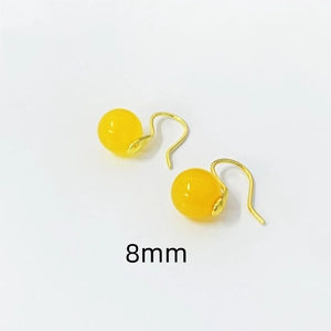 Minimalist S925 silver earrings with vibrant 8mm yellow agate beads on gold hooks