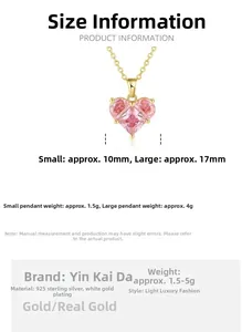 Size specifications for S925 silver pink heart pendant necklace in 10mm and 17mm