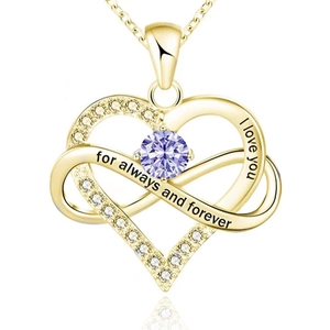 Detail of infinity heart pendant with purple gemstone and forever love engraving