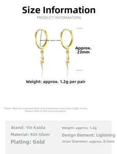 Detailed view of gold plated 925 sterling silver lightning bolt earrings with dimensions