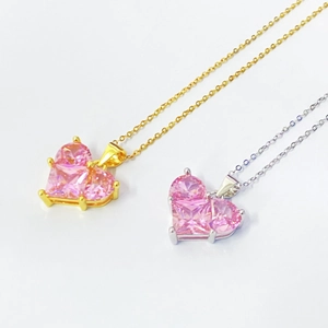 Colliers élégants en argent S925 avec pendentifs cœur en zircon rose en doré et en argenté