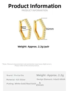 Detailed size specifications for gold geometric hexagon hoop earrings with pavé zircons