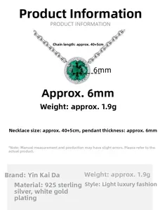 Detailed specs of S925 sterling silver necklace with green zircon, 40+5cm length and 1.9g weight
