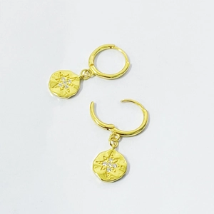 Boucles d'oreilles vintage en argent S925 doré avec médaillon étoile et zircons brillants