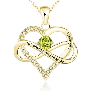 Detail of gold infinity heart necklace with green gemstone and I love you engraving