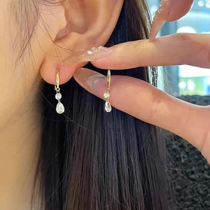 S925 sterling silver gold ear hook with round and teardrop-shaped zircon tassels