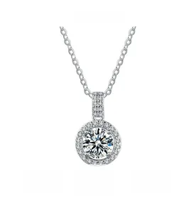 Macro detail of S925 silver round halo pendant with sparkling cubic zirconia on cross chain
