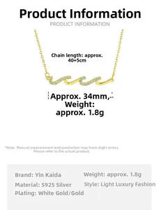 Detail view of gold-plated S925 silver wave necklace with size and weight parameters