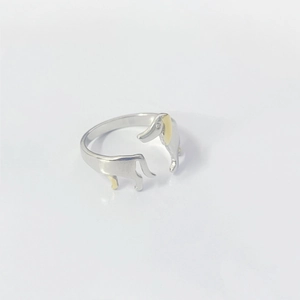 Minimalist S925 sterling silver dachshund dog open ring with gold-plated accents for women
