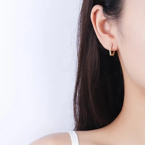 Golden S925 sterling silver hexagonal hoop earrings with sparkling paved zircons for women
