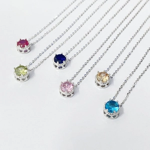Set of six S925 sterling silver necklaces featuring colorful round zircon birthstone pendants