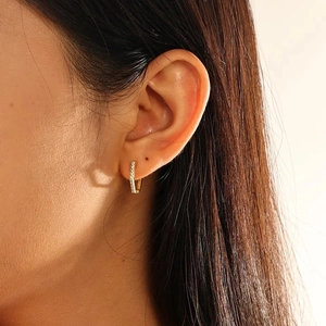 S925 silver hexagonal geometric hoop earrings with sparkling pave zircon stones in gold