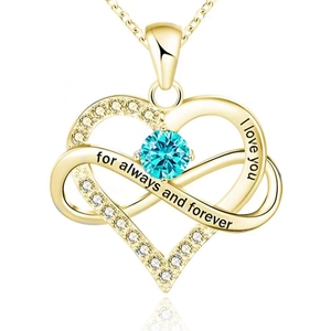 Detail of heart and infinity necklace with blue stone and 'I love you' engraving
