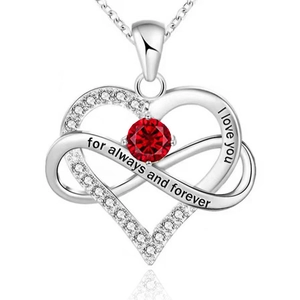 925 silver heart and infinity necklace with red stone and I Love You engraving