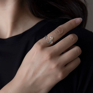 Detail of S925 silver dachshund ring with gold accents worn on a finger