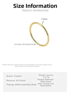 Detailed specs for 1.2mm gold plated 925 sterling silver minimalist band rings
