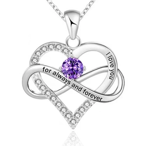 925 silver heart and infinity necklace with purple stone and engraved sentiment