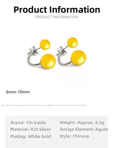 Macro detail of S925 sterling silver earrings with round yellow agate stones