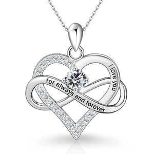 Detail of 925 silver heart infinity necklace with I love you engraving and a large diamond