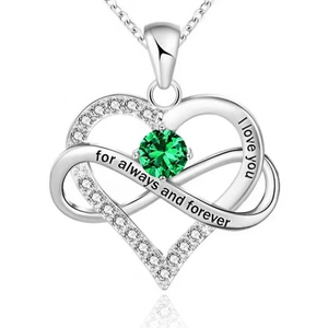 Detail of 925 sterling silver infinity heart necklace with green stone and engraving