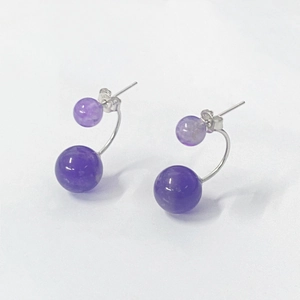 S925 Sterling Silver Natural Amethyst Double Ball Stud Earrings For Women Retro Purple Gemstone Front Back Jacket Jewelry