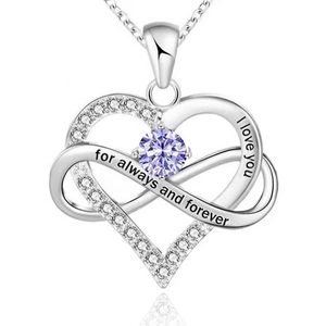 Detail of silver heart infinity necklace with purple stone and love engravings
