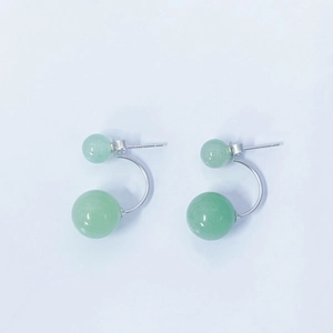 Palace Style S925 Sterling Silver Green Aventurine Jade Bead Stud Earrings For Women Vintage Round Double Bead Back Hanging Jewelry