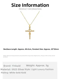 Detailed size chart showing dimensions of S925 sterling silver heart cross pendant necklace