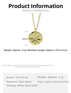 Detail view of S925 silver star compass pendant showing 14mm diameter and 39.5cm chain length