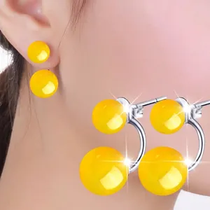 S925 silver stud earrings with natural yellow agate beads in front-back hanging style