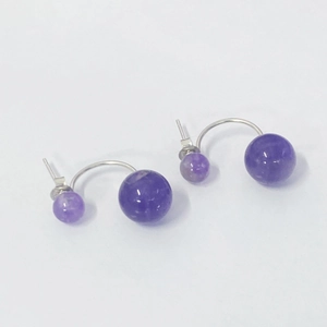 S925 silver stud earrings with double purple amethyst beads in minimalist vintage style