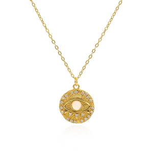 Gold Evil Eye coin necklace with moonstone and cubic zirconia on a white background