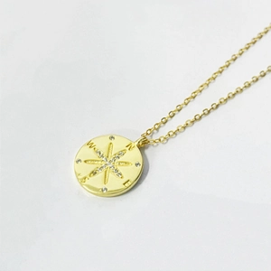 925 Sterling Silver Octagram Compass Pendant Necklace For Women Inlaid Rhinestone Starburst Round Medallion Chain Jewelry