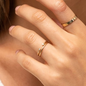 Minimalist double layer gold-plated sterling silver open ring with cubic zirconia stones