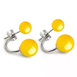 S925 silver yellow agate stud earrings with double-bead drop design on white background