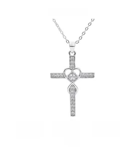 Close-up of S925 sterling silver heart cross pendant with sparkling zircon micro-pave setting