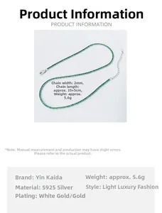 Size chart for 2mm S925 sterling silver green zircon tennis necklace with specifications