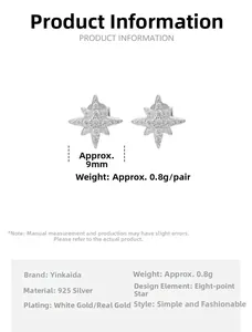 Detail of 925 sterling silver star stud earrings with zircon inlays and 9mm width