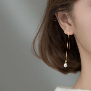Elegant S925 silver gold plated long chain earrings with natural freshwater pearls