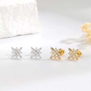 Sparkling S925 silver eight-pointed star stud earrings set in gold and silver plating