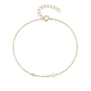 Gold s925 silver minimalist cross bracelet with a small zircon and adjustable chain link
