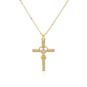 S925 sterling silver gold heart cross necklace with sparkling cubic zirconia stones